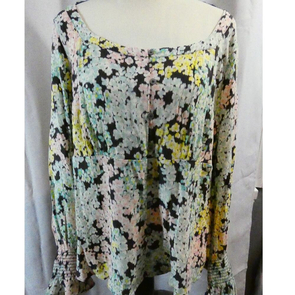 Loft Large Pastel Floral Rayon Blouse Buttons Long Sleeves Easter Spring